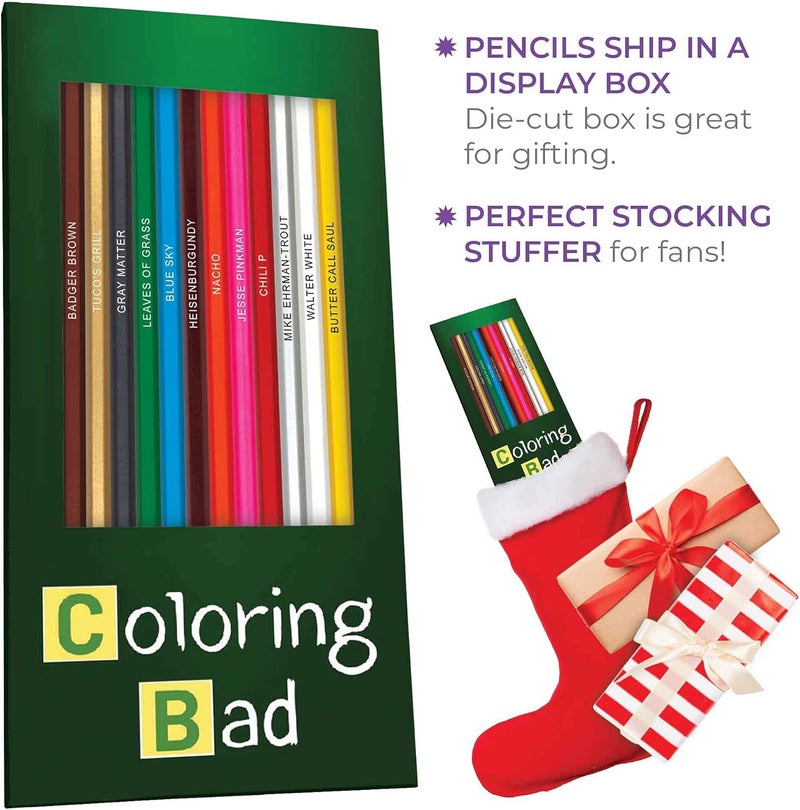 Pun Labs Coloring Bad Colored Pencil Set for Fans of Breaking Bad | Set of 12 Breaking Bad-Inspired Parody Pencils | Each Color Pencil is Foil-Stamped with Clever Show References | Great Gift for Fans - Image 4